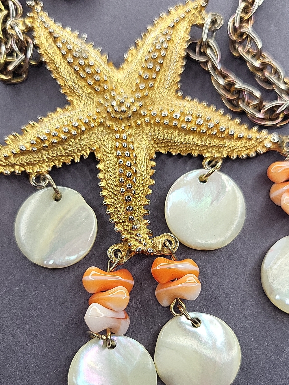 Gold Starfish Necklace with Ivory Mother-of-Pearl Discs and Orange Bead Drops